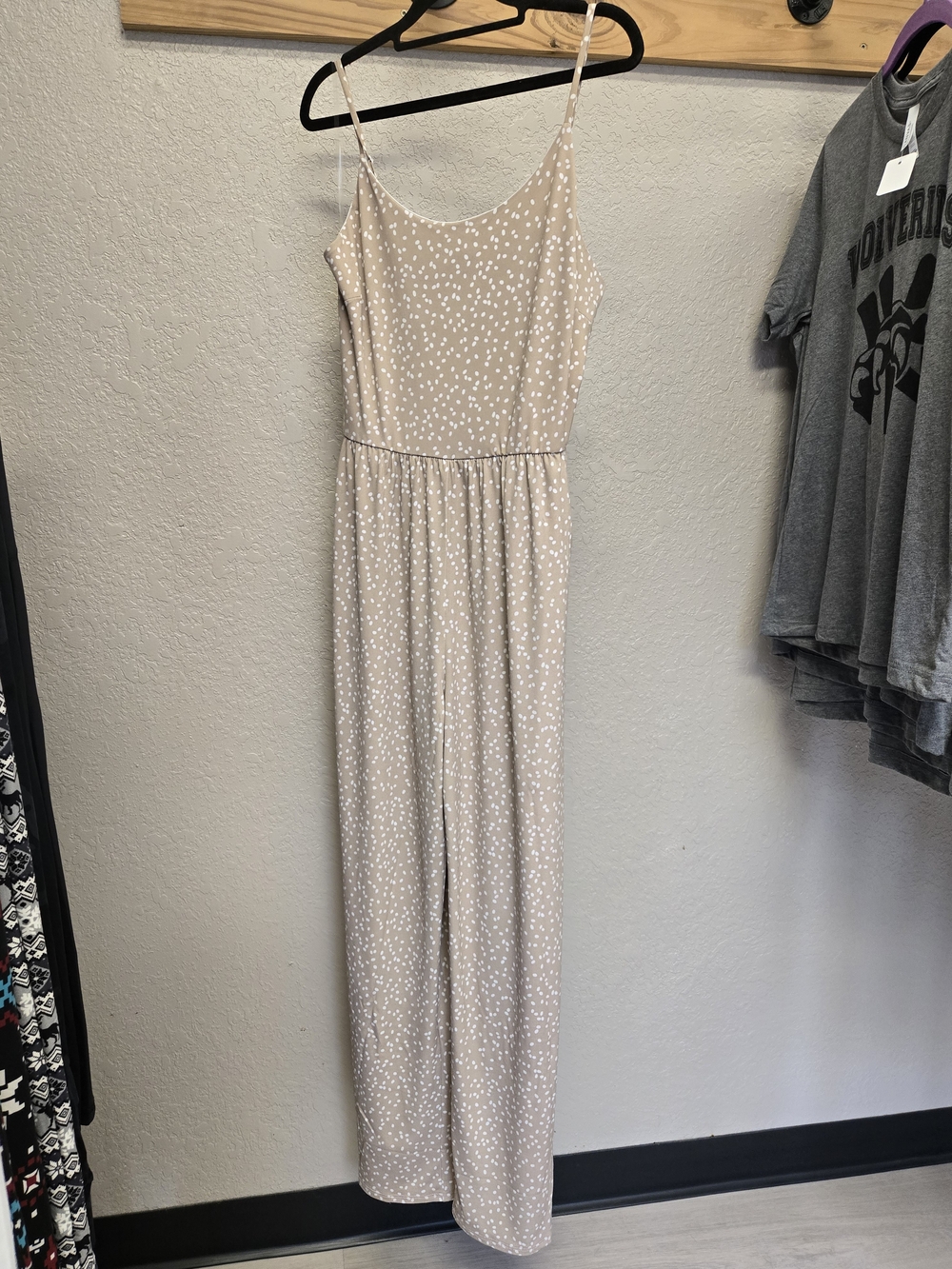 G.I.L.I. Beige Spaghetti Strap Polka Dot Jumpsuit